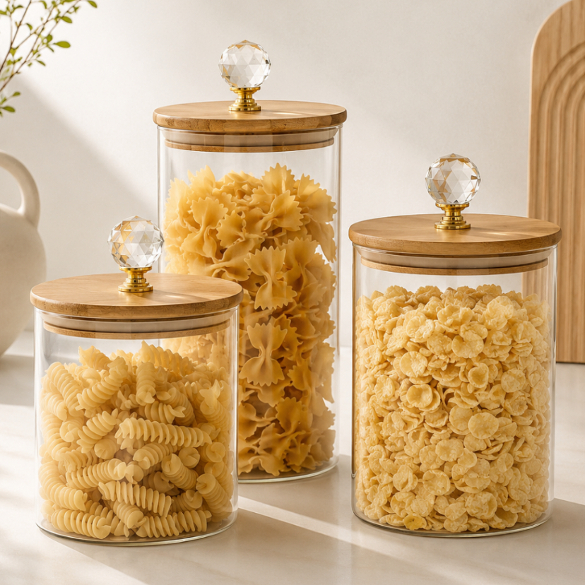Kit de 2/3 Potes de Vidro de mantimentos Redondo com Tampa de Bambu e puxador cristal cozinha