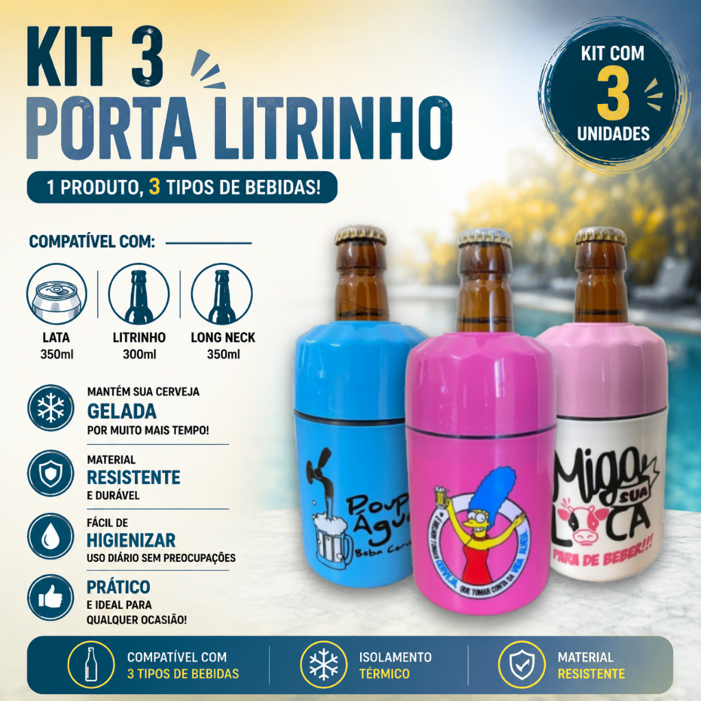 Kit 3 Suporte Cerveja Térmico  Miga Loca  3x1 Porta Lata Long neck Litrinho