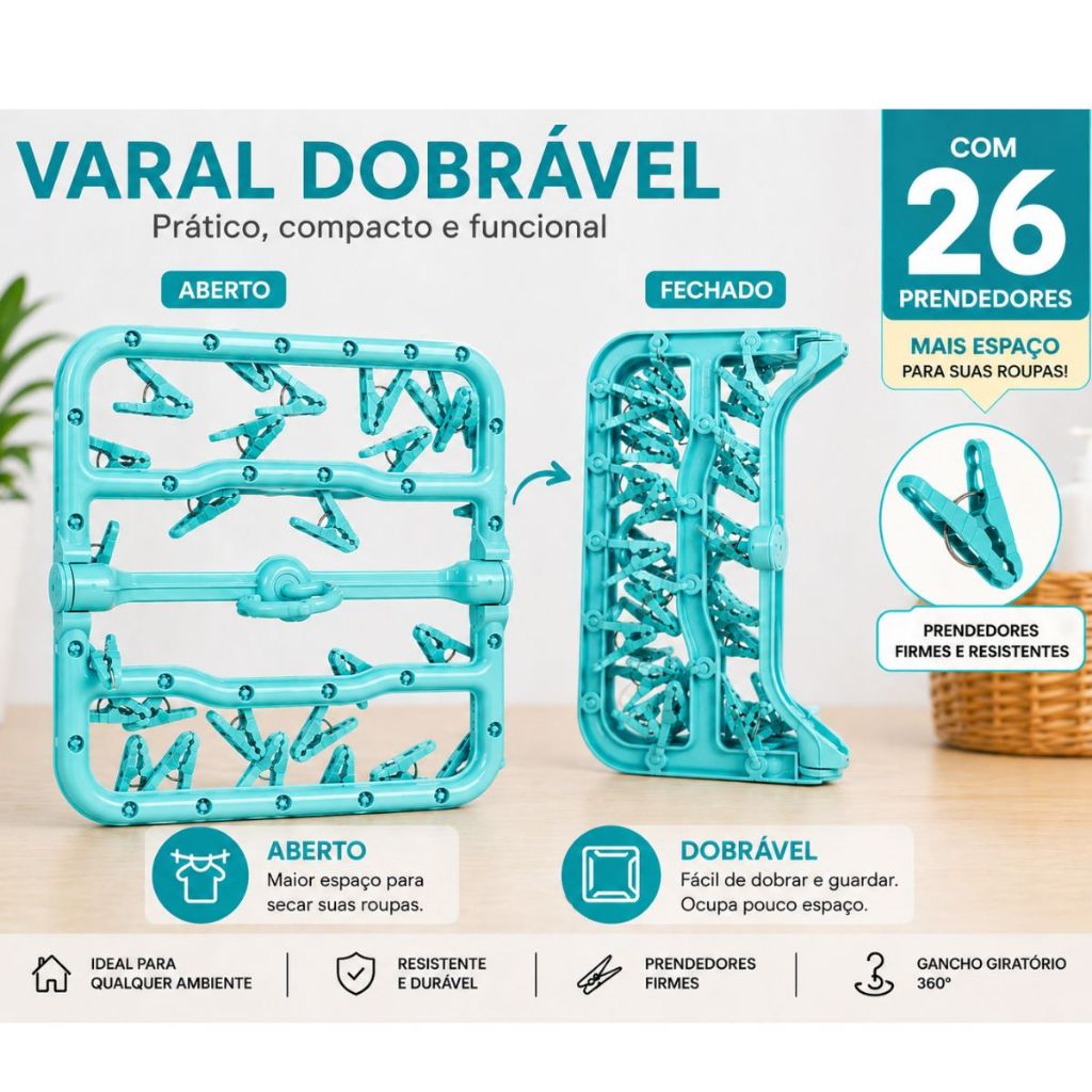 Varal De Calcinha Roupas Íntimas 26 Prendedores Resistente Dobrável SORTIDO