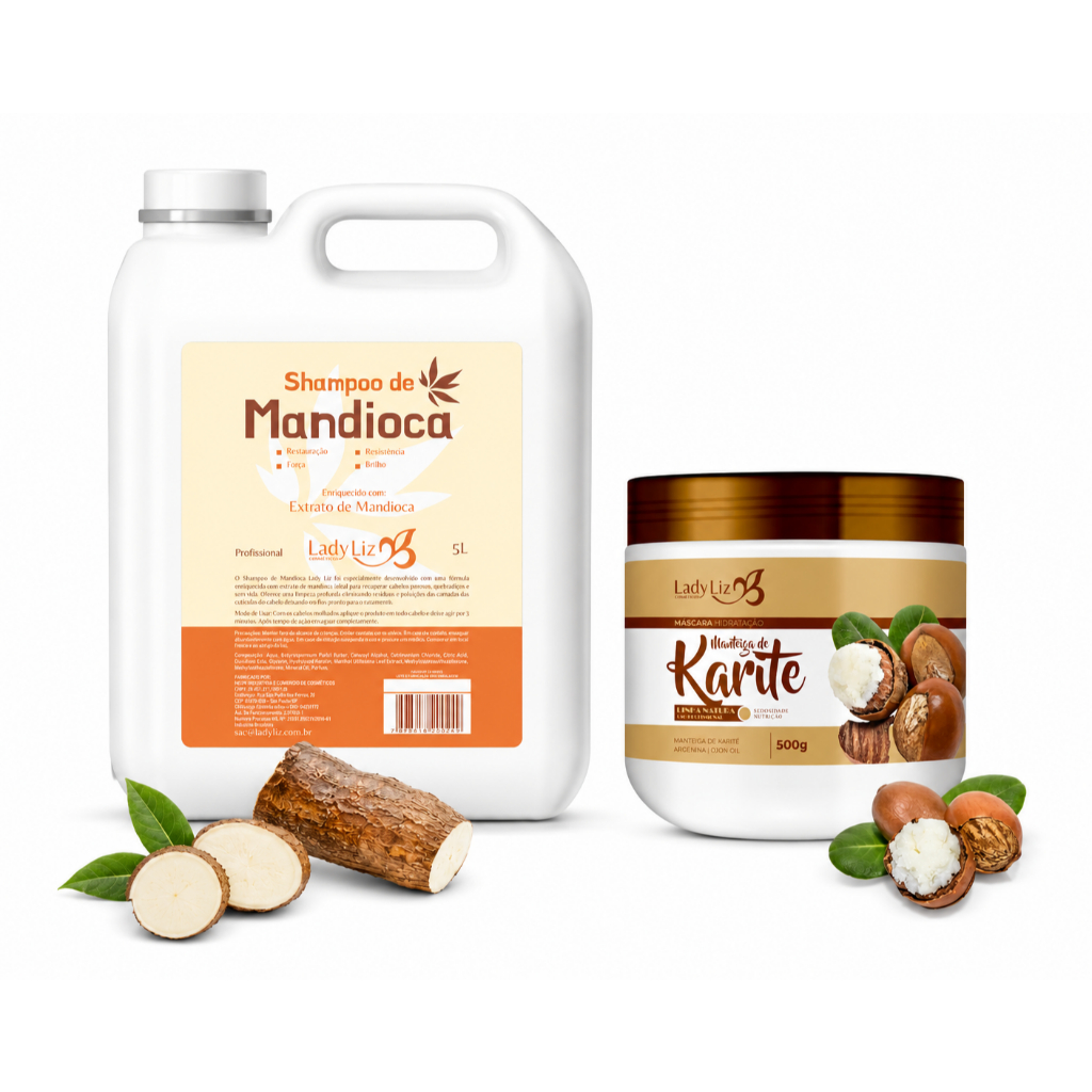 Kit Shampoo Mandioca 5lt + Máscara Karité 500g Crescimento e Hidratação