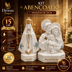 Nossa Senhora Aparecida 15cm + Sagrada Familia Busto 15cm com Decopagem em Flores para Presentes Religiosos