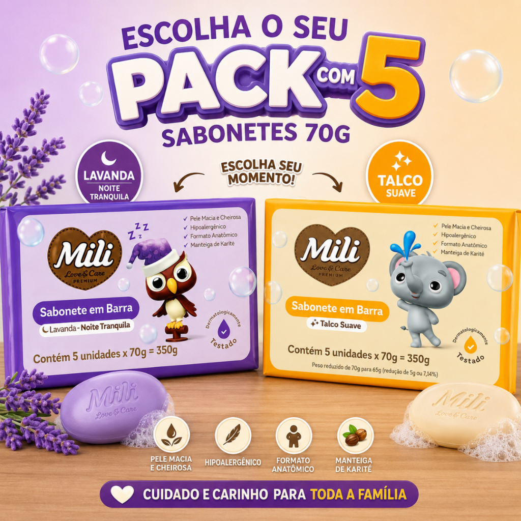 SABONETE BARRA LOVE & CARE LAVANDA OU TALCO SUAVE 70G PACK COM 5 UNIDADES
