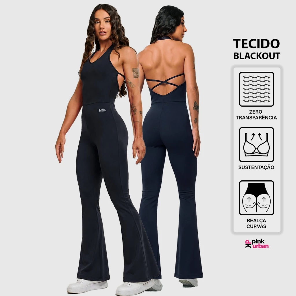 Macacão Fitness Feminino Flare Costa Nua Trançado Decote U Frente Única Blackout Zero Transparência — imagem 1