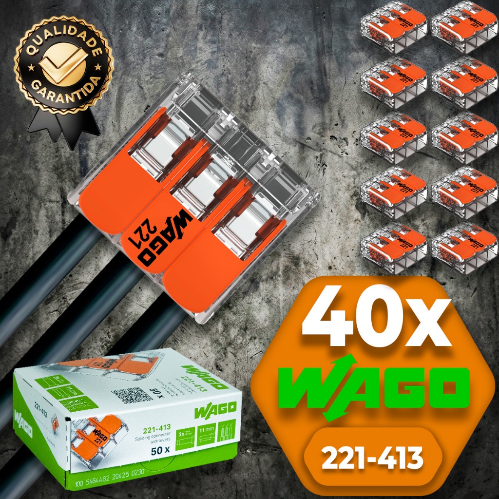 Conector de Fio Elétrico Wago 221-413 Conector Wago Emenda 4mm² 32A conexão automática Kit 40 peças