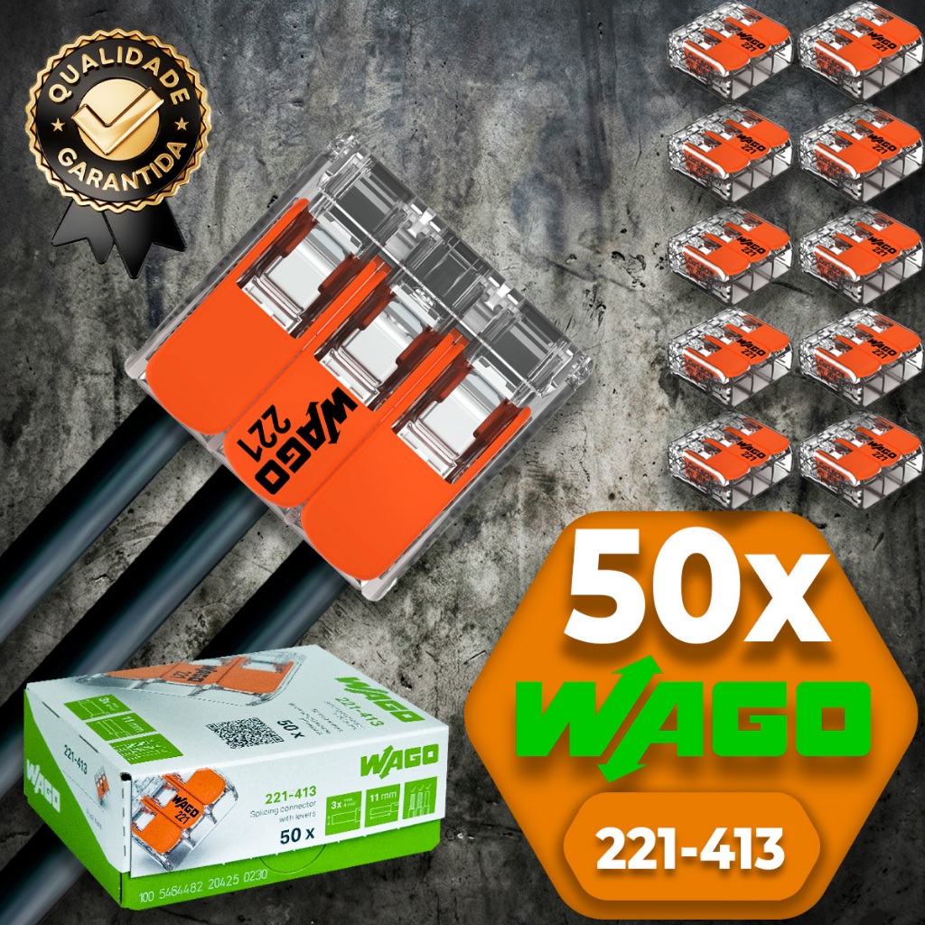 Conector de Fio Elétrico Wago 221-415 Conector Wago Emenda 4mm 32A conexão automática Kit 50 peças