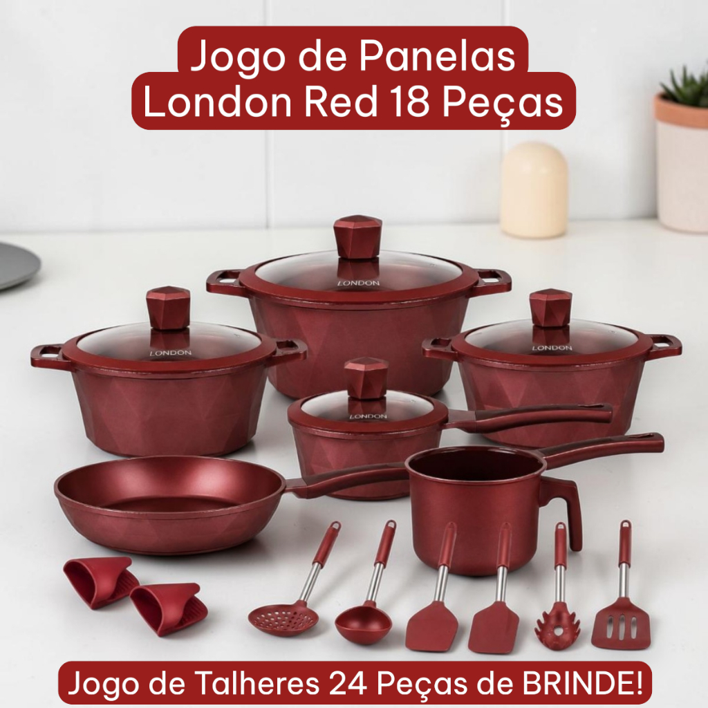 Imagem Jogo De Panelas Antiaderente London Red 18 Peças Alumínio Fundido Tampas Vidro Utensílios Silicone Premium + CookTop