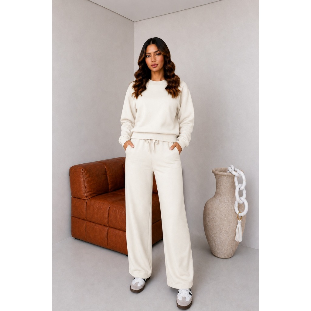 Conjunto de Moletom Feminino Flanelado Premium Grosso Quentinho Blusa Gola Careca e Calça Pantalona com Bolso Inverno Ca