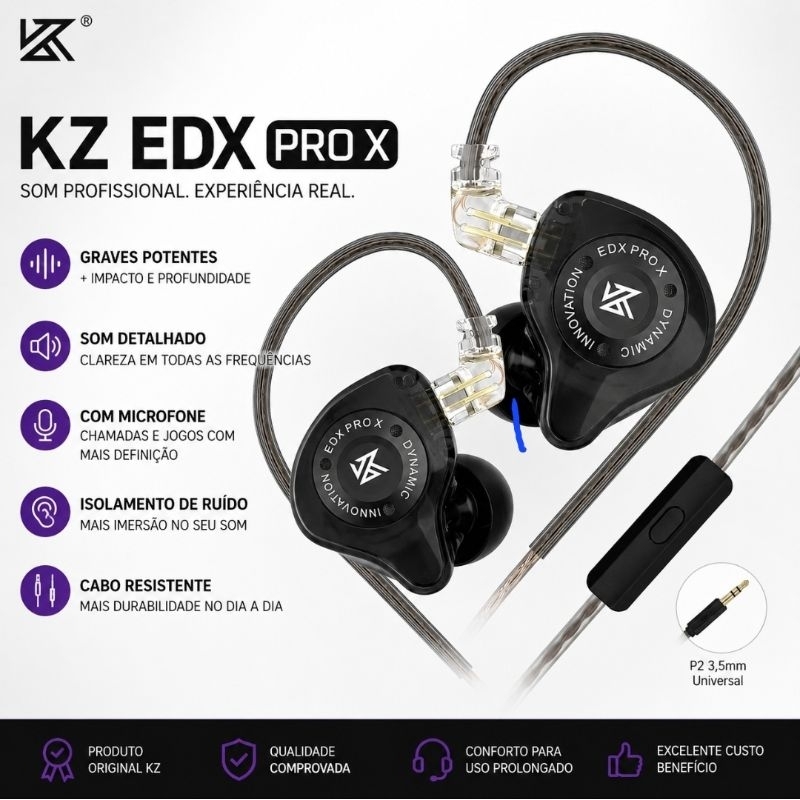 KZ EDX Pro X Original Com Microfone Preto Fone In-Ear Gamer Retorno Palco Graves Potentes