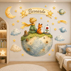 Adesivo Infantil Pequeno Príncipe Estrelas Raposa e Rosa Personalizado Com Nome Decoração Quarto Bebê e Infantil