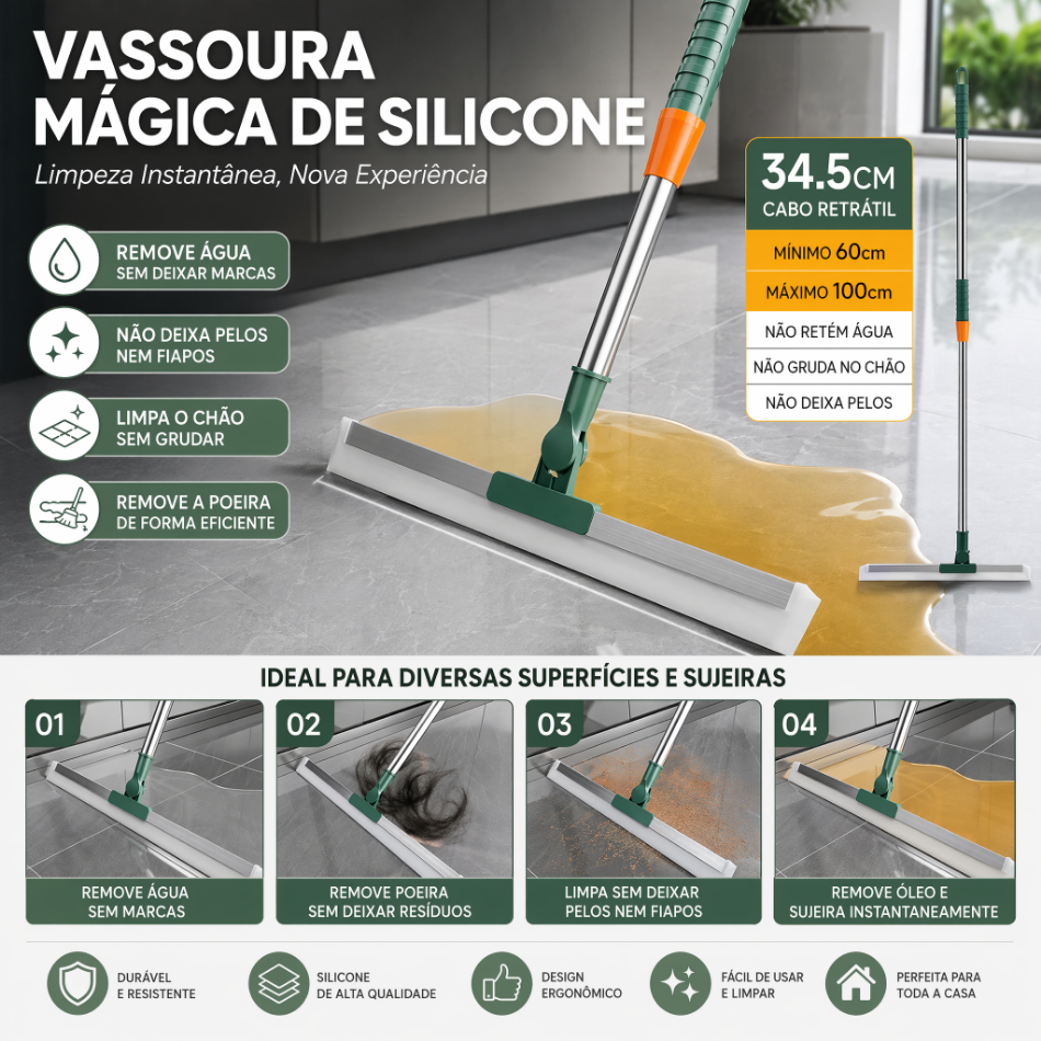 Vassoura Mágica de Silicone Cabo Retrátil 60-100cm Rodo Limpa Água Pelo Poeira Óleo Banheiro Cozinha Casa