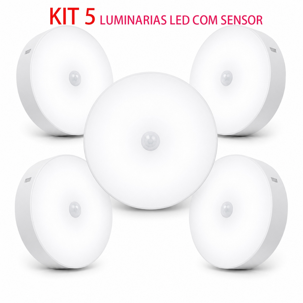 Luminária Led Sensor Movimento Recarregável Usb Kit 5 Peças Branco