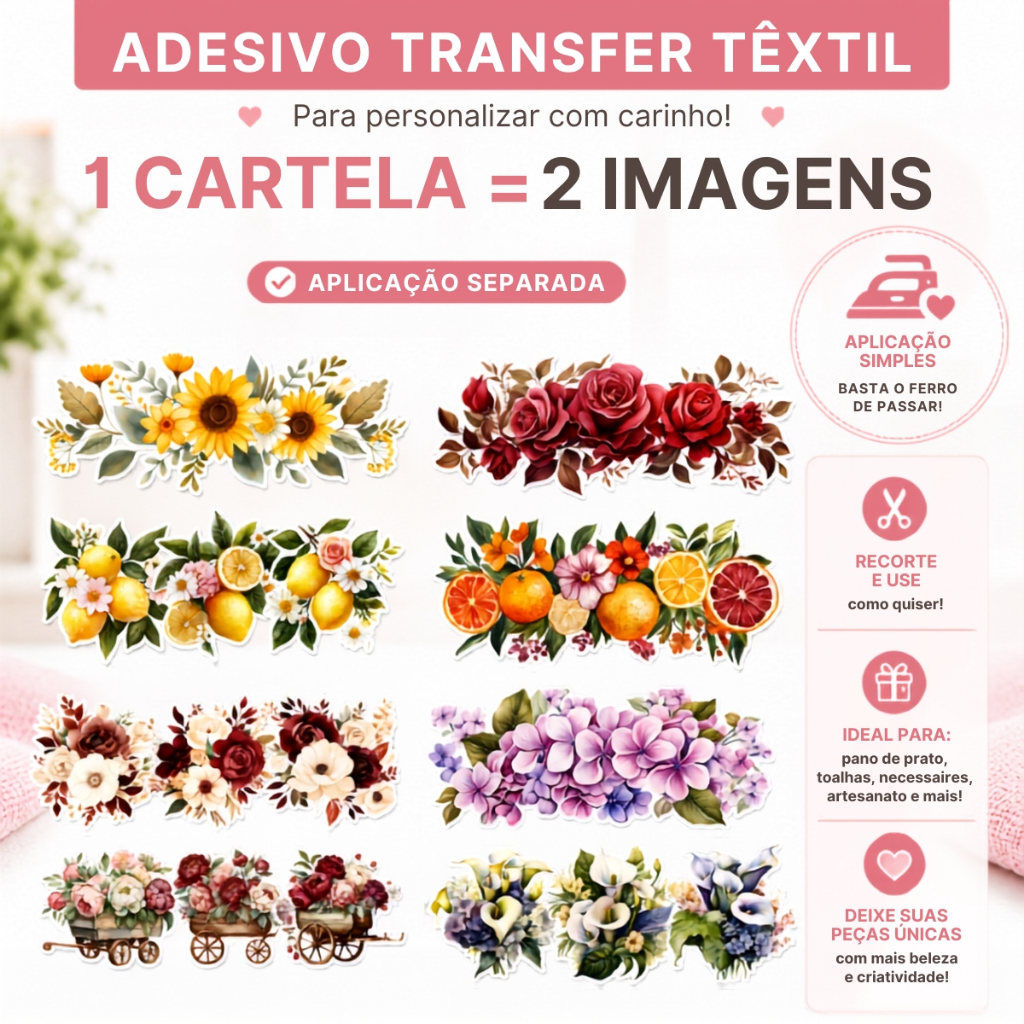 DTF Adesivo Transfer Termocolante Imagem Textil para Tecidos Flores Doces Floral Maria Flor