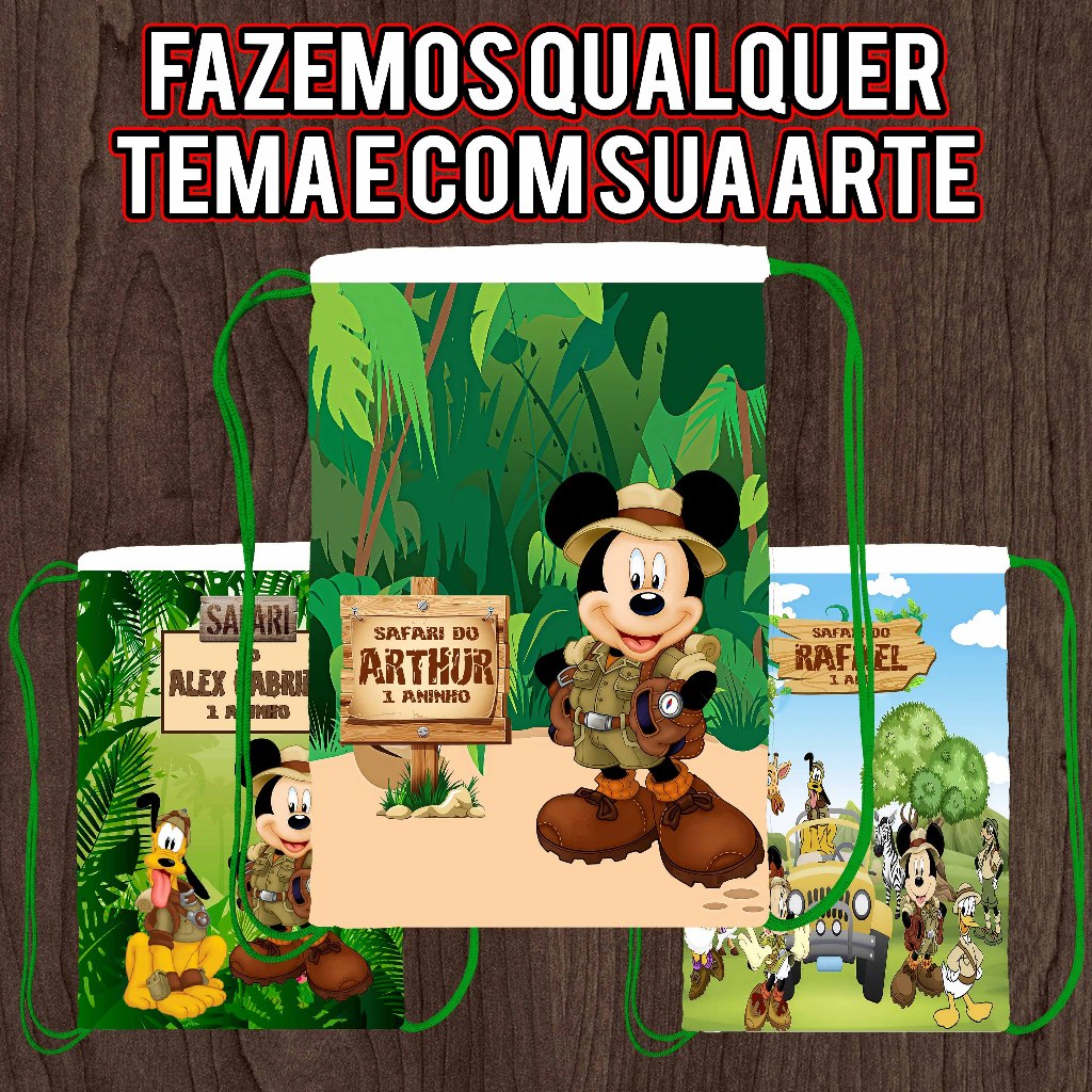 Mochilinha Personalizada para Festa Infantil Sacolinhas Surpresa Aniversário Lembrancinha Mickey Safari