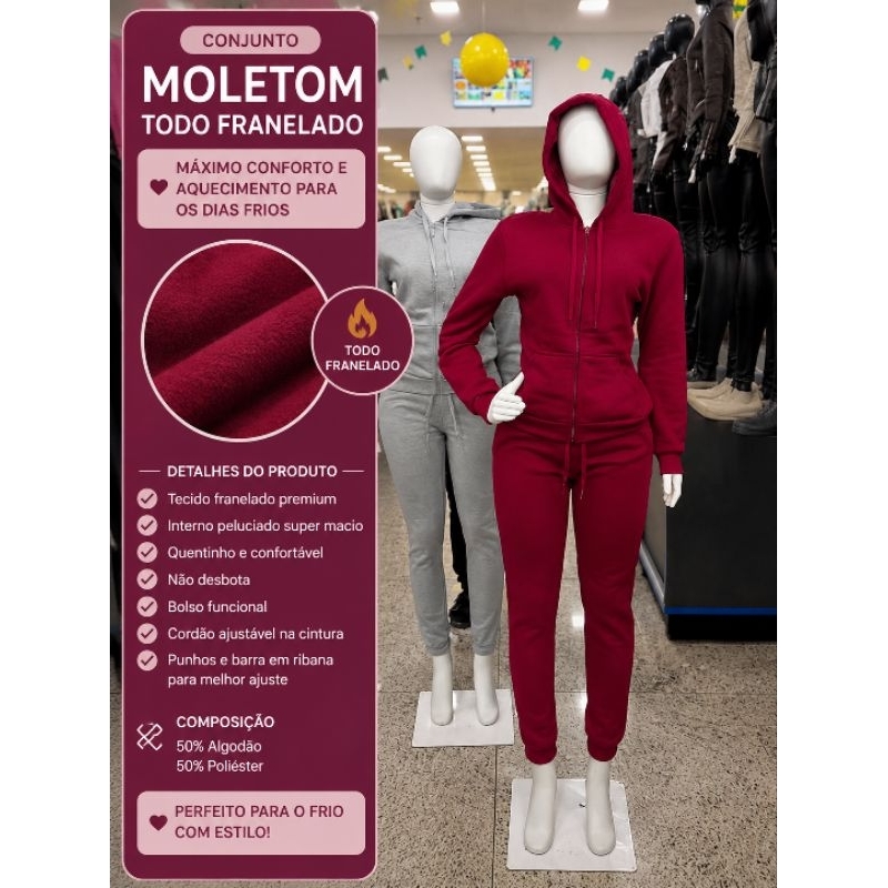 Conjunto Moletom Flanelado Feminino com Capuz | Inverno | Super Quentinho