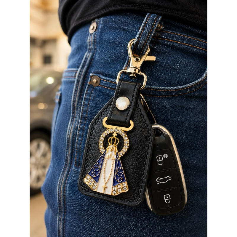 Chaveiro Religioso De Couro São Bento Nossa Senhora Aparecida Para Carro