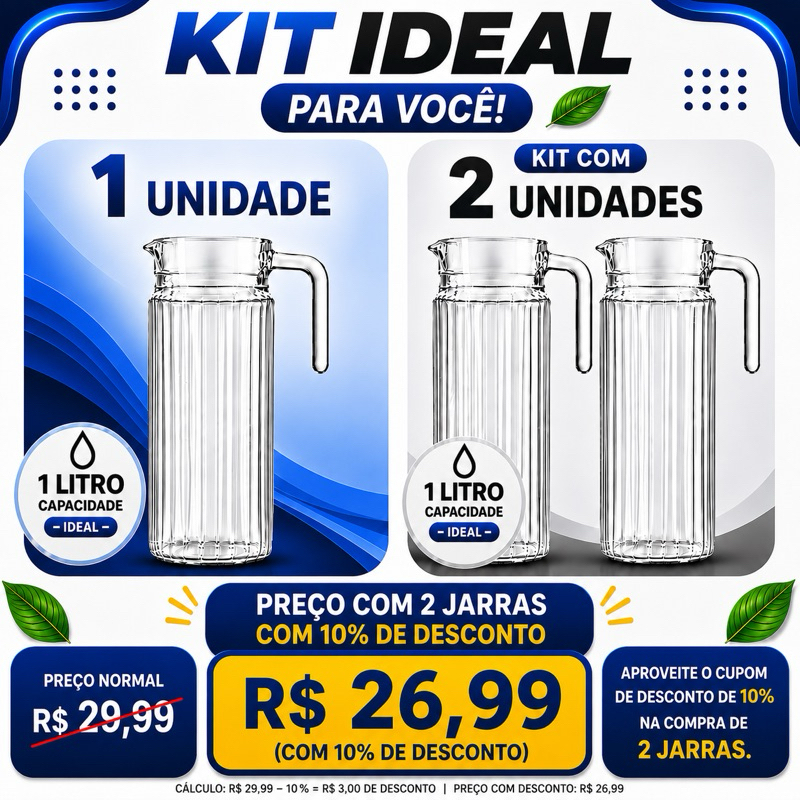 Jarra de Vidro 1 Litro Com Tampa 1 ou 2 Unidades Resistente Elegante Para Água | Suco | Chá | Oferta