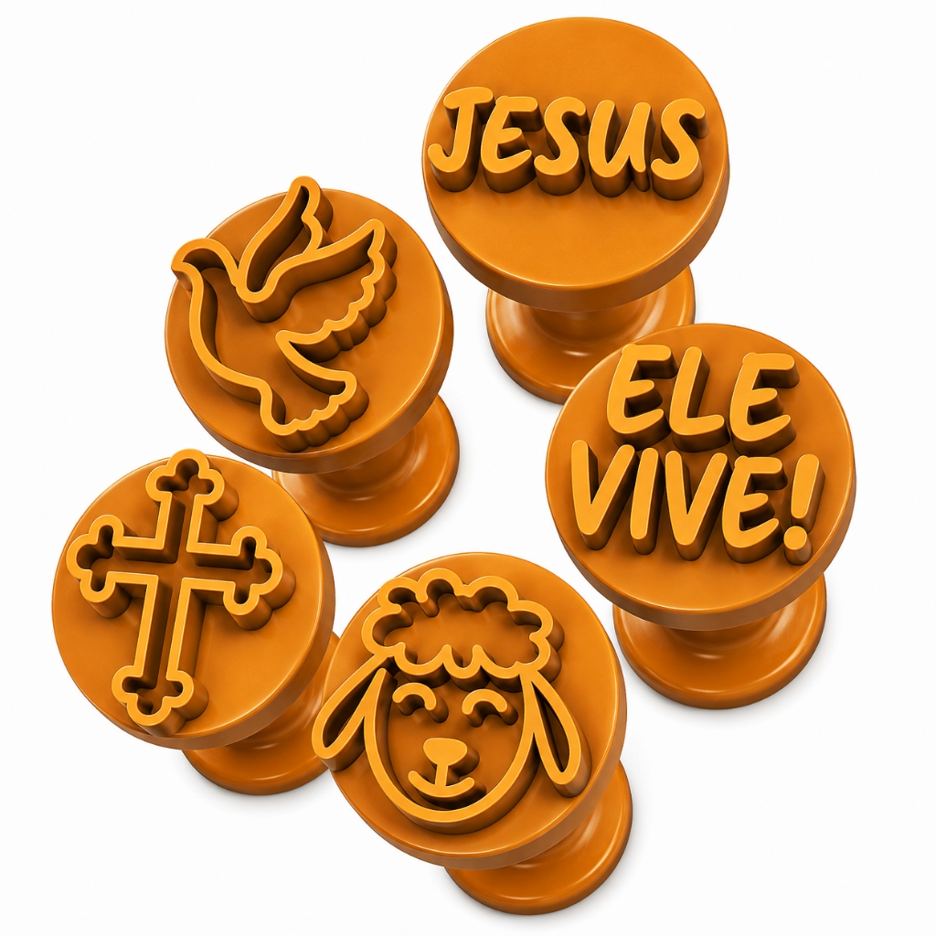 Kit Carimbos Brigadeiros Docinhos Molde Festa Confeitaria PÁSCOA CRISTÃ CORDEIRO COLOMBA JESUS DEUS CRUZ - 5pçs