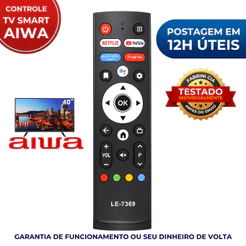 Controle Remoto Compatível AIWA Smart TV AWS-TV-32-BL-02-A AWS-TV-43-BL-02-A Pronto para Uso