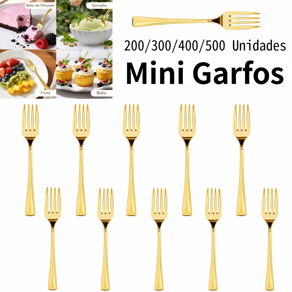 Kit 200/500 Mini Garfos descartáveis de plástico dourado metálico para festas, sorvete e aperitivos