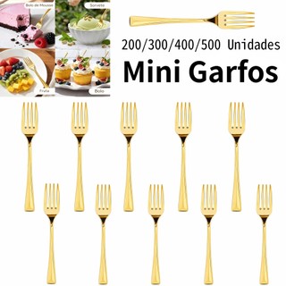 Kit 200/500 Mini Garfos descartáveis de plástico dourado metálico para festas, sorvete e aperitivos
