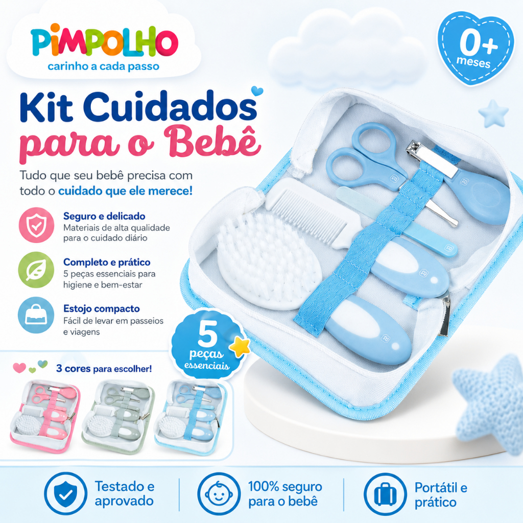 Kit Cuidados Bebê Pimpolho 5 Peças com Estojo Higiene 0+ Meses Tesoura Escova Pente Cortador