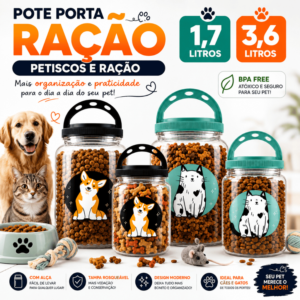 Pote Porta Ração Petiscos Pet Para Cachorro E Gato Pet 3,6L e 1,7Litros Com Alça Recipiente BPA Free