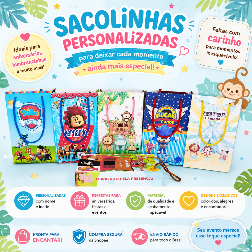 Kit 10/15 Sacolinhas Personalizadas Pra sua Festa Infantil