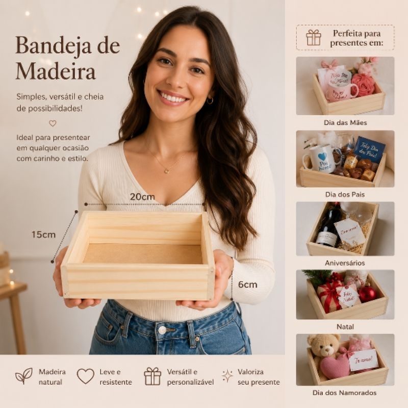 Kit 5 Box Bandeja Madeira Pinus 20x15cm Mimos Exclusivos