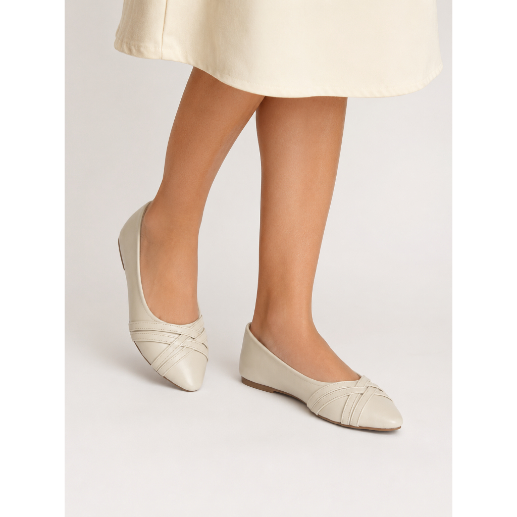 Sapatilha Feminina Bico Fino Detalhe Cruzado Costurado Elegante Casual Inverno Confortável Macia Rasteirinha