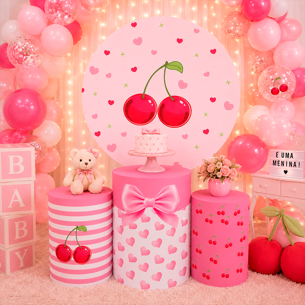 Kit Painel Redondo Vest Facil + Trio De Capas de cilindro Sublimado Tema Cereja Aniversario Menina
