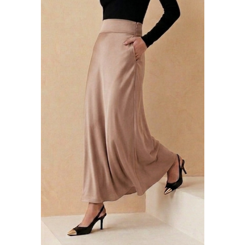 Saia Cetim Midi Acetinada Feminina Com Bolsos Cintura Alta Lisa Elegante