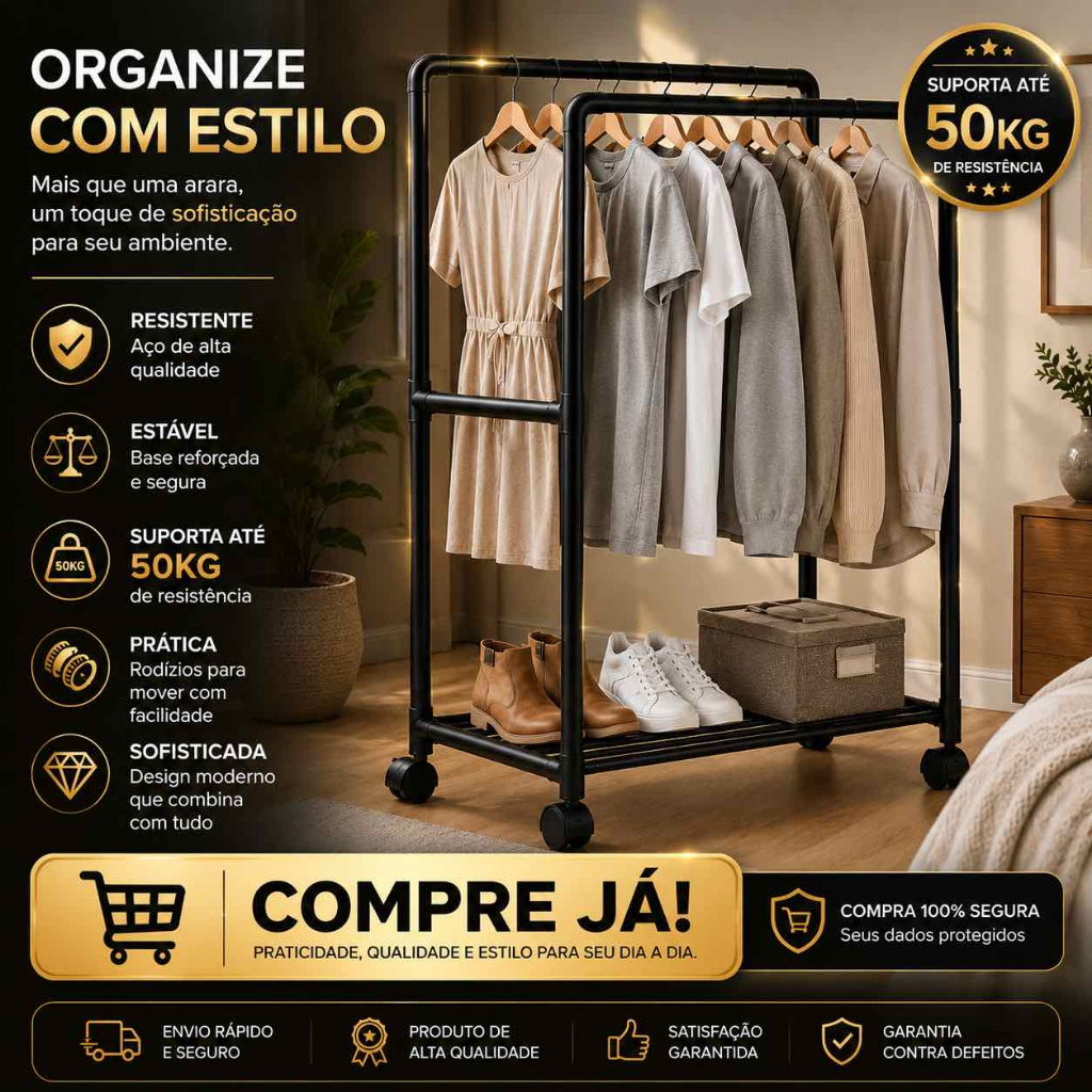 Arara Roupas Dupla Organizador Closet Com Prateleira Mesa Móvel Rodízios Preto Cabideiro Mancebo