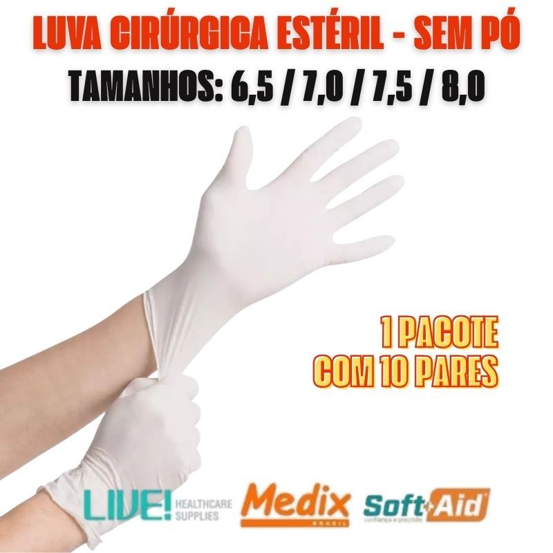 Kit 10 Pares Luva Cirúrgica De Látex Estéril Sem Pó - Tamanhos 6,5 - 7,0 - 7,5 - 8,0 Registro Anvisa e Inmetro