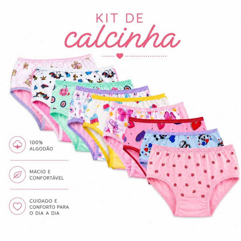 KIT 10 ou 20 Calcinha Infantil Estampadas De Algodao Com Forro Diversas Estampas