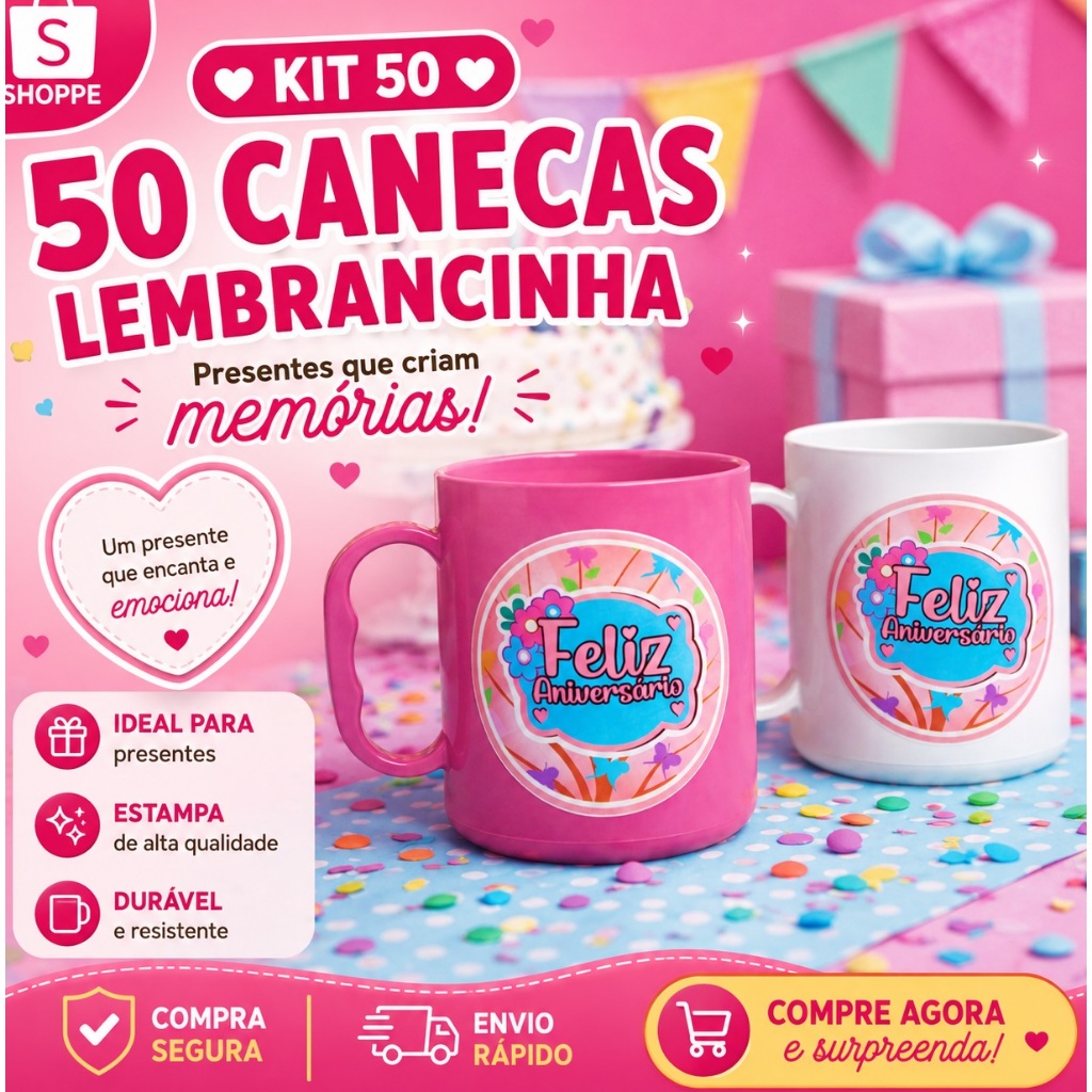 Presente aniversario menina kit 50 canecas plástico lembrancinha festa infantil saquinho surpresa