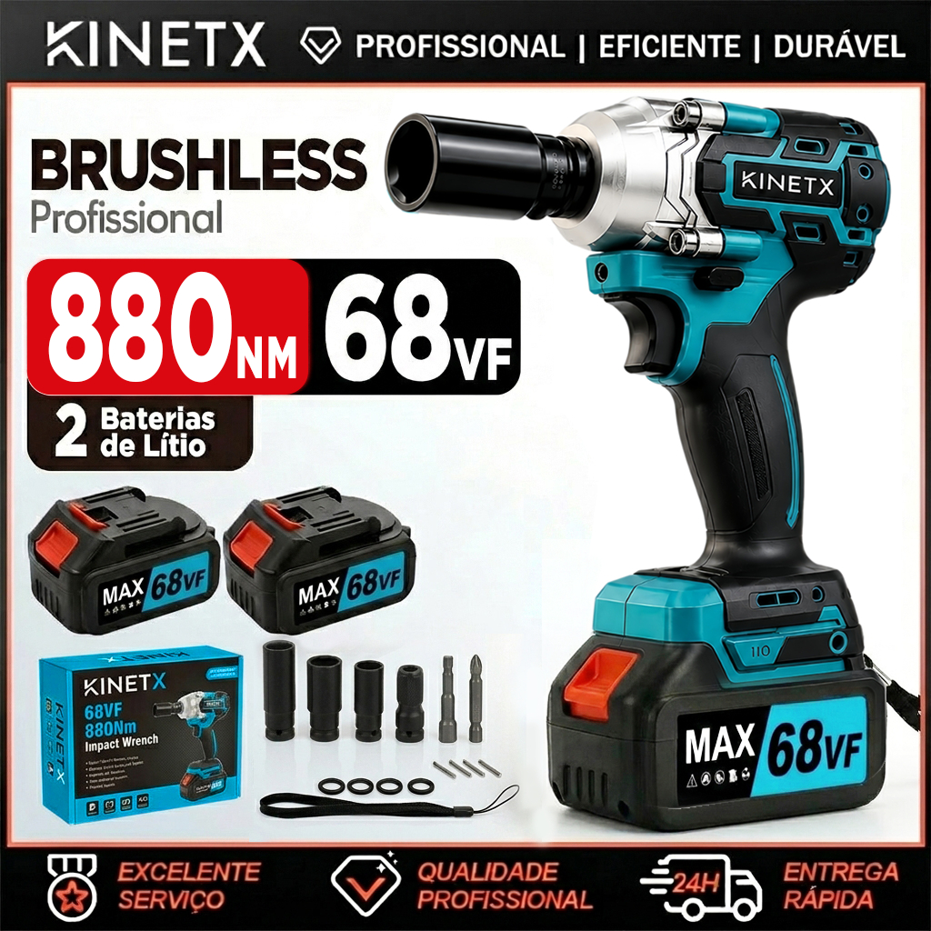 Kit Chave de Impacto Elétrica 880NM 68VF 2 Baterias Parafusadeira Furadeira Sem Fio Profissional