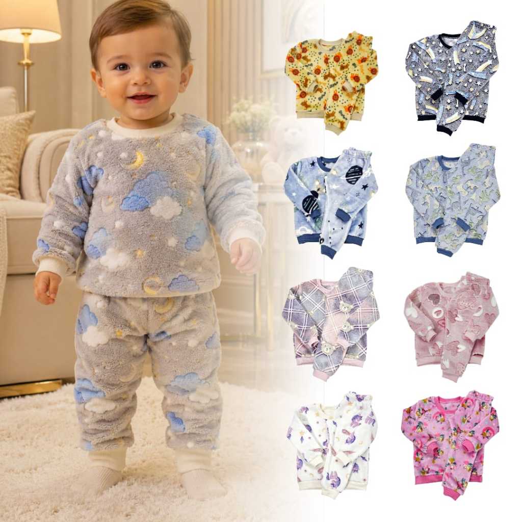 Conjunto Fleece Infantil Bebê Frio Pijama Estampado Blusa e Calça Menino e Menina Tam 1, 2 e 3