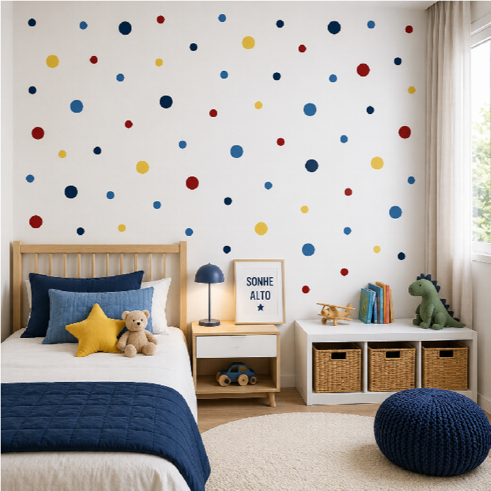 Adesivos Infantil Parede 100 Bolinhas de 4cm e 2cm vermelho, amarelo e azul