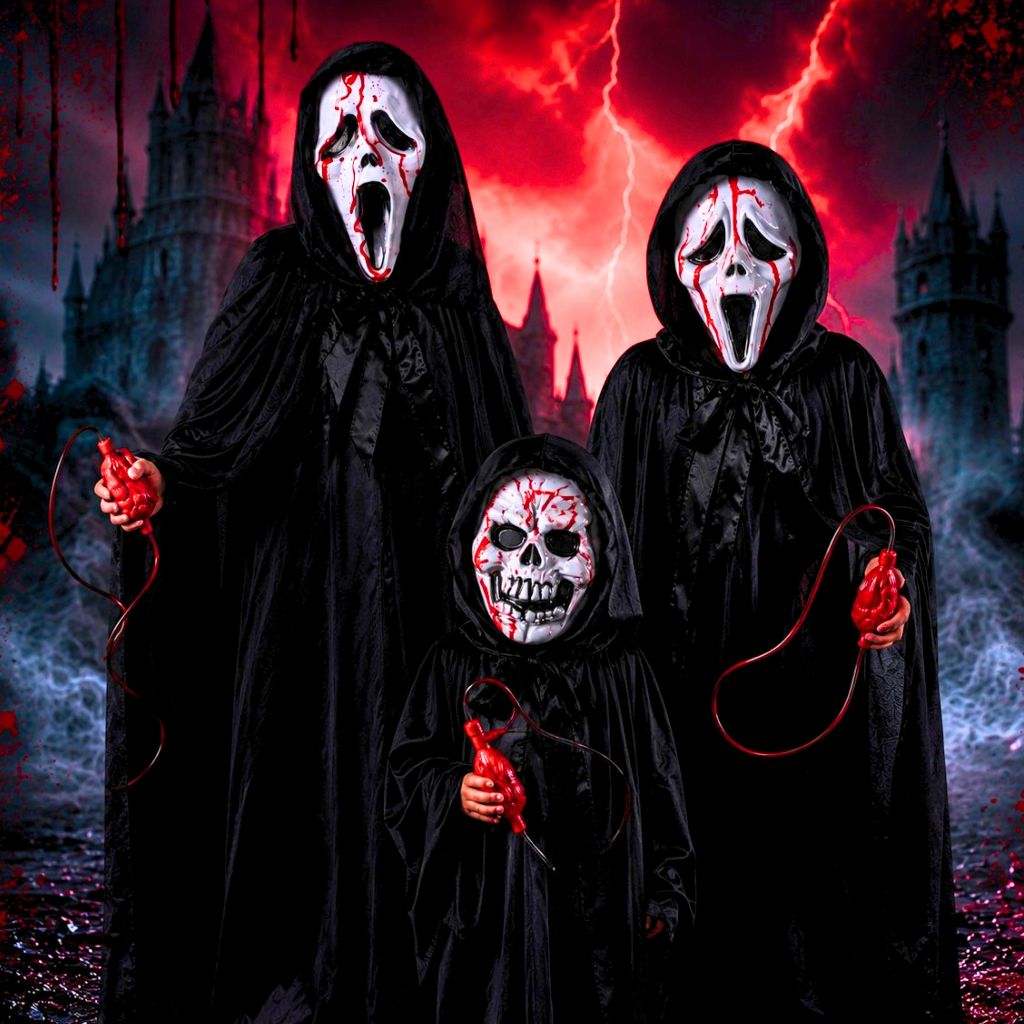 Capa Preta com Capuz Adulto + Máscara Jato de Sangue Halloween Fantasia Terror Cosplay Vampiro Bruxa