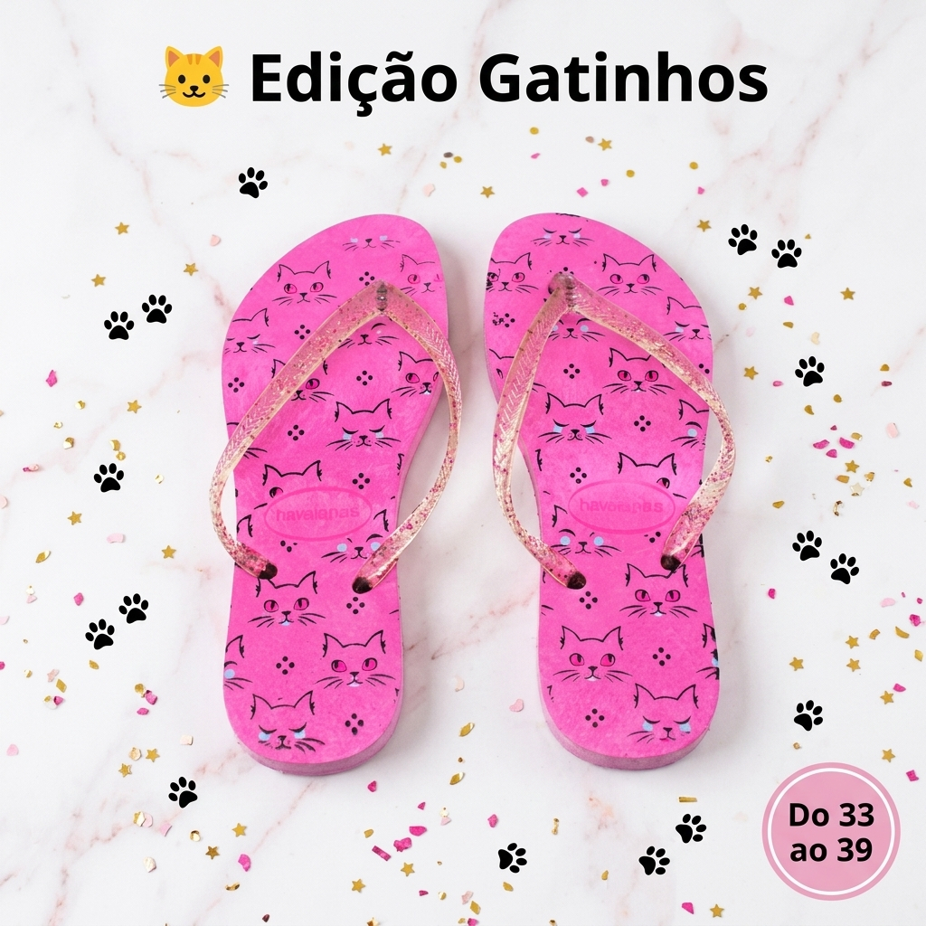 Chinelo Feminino Gatinhos Estampado Fofo Confortável Leve Macio Antiderrapante Casual Praia Piscina Promoção 33 ao 40