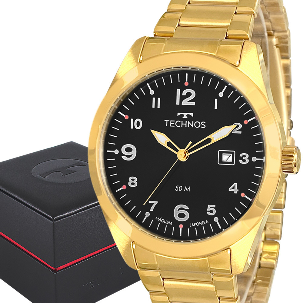 Relógio Technos Masculino Dourado Preto Original 1 Ano de Garantia