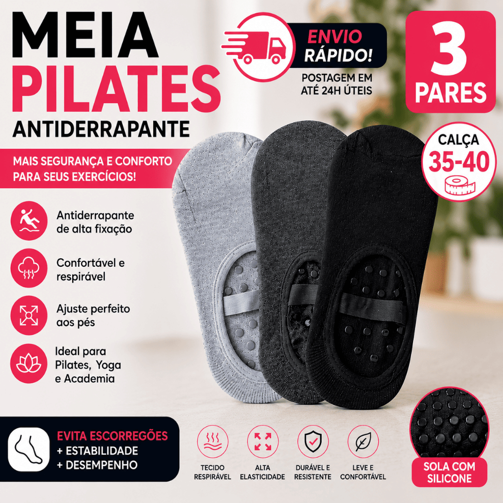 Meia Pilates Antiderrapante Sapatilha Feminina p/ Yoga Academia Hidroginástica Confortável Algodão Poliéster Elastano