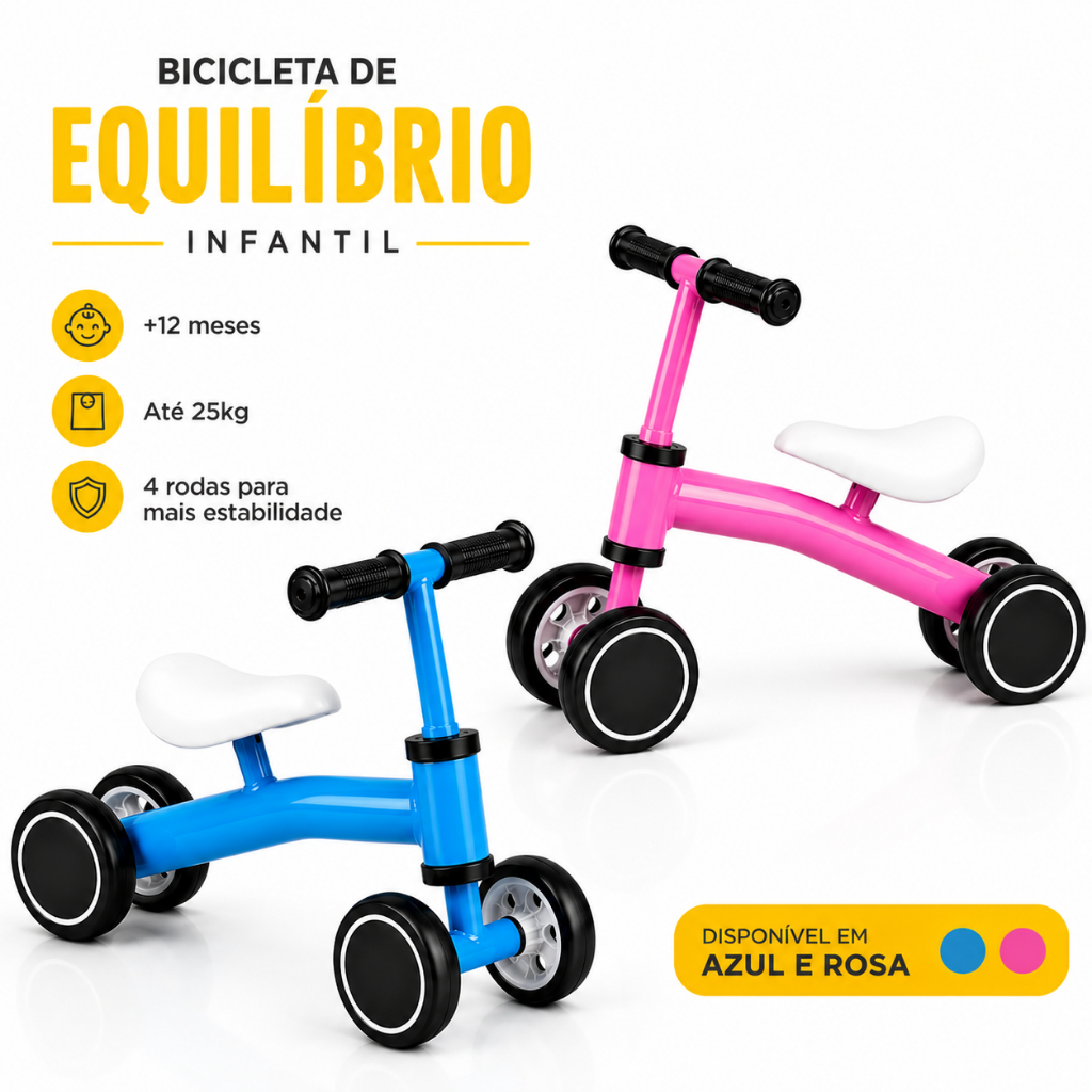 Bicicleta de Equilíbrio Bike Infantil Criança Menino Menina 4 Rodas Suporta 20kg Azul Rosa Barato