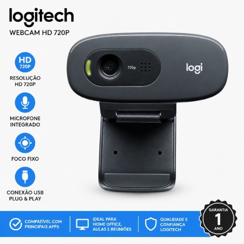 Webcam Full HD 1080p com Microfone Embutido Rotação 360° Ajuste Livre para PC Notebook Home Office