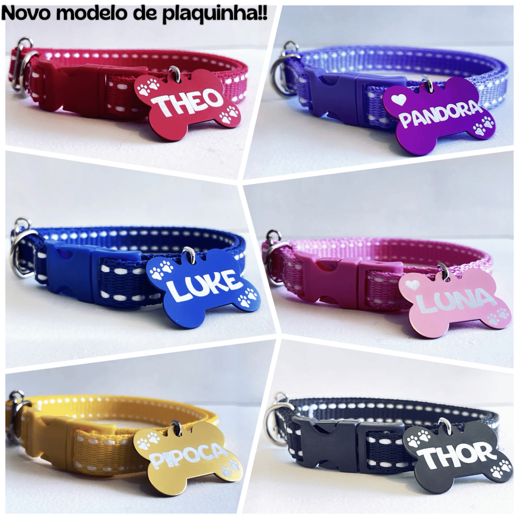 Coleira para cachorro com tag de identificação gravada