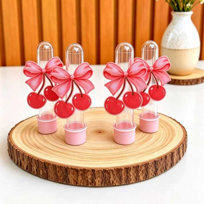 Aplique para tubete de 13 cm Festa Infantil Tema Cerejinha (NÃO ACOMPANHA TUBETE) Lembrancinha para aniversário Cereja
