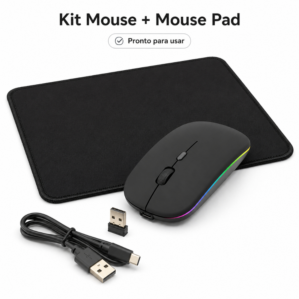 Kit Mouse Sem Fio Recarregável Bluetooth 2.4GHz LED RGB + Mouse Pad