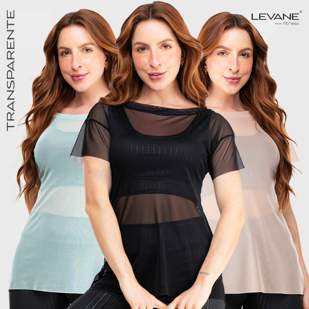 Kit 3 Blusa Transparente Fitness  Tule Manga Curta Camiseta Academia Feminina