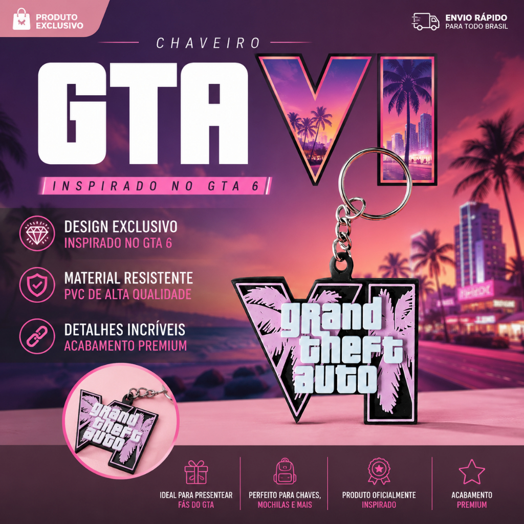 Chaveiro tema GTA 6 em 3D Grand Theft Auto Exclusivo!!