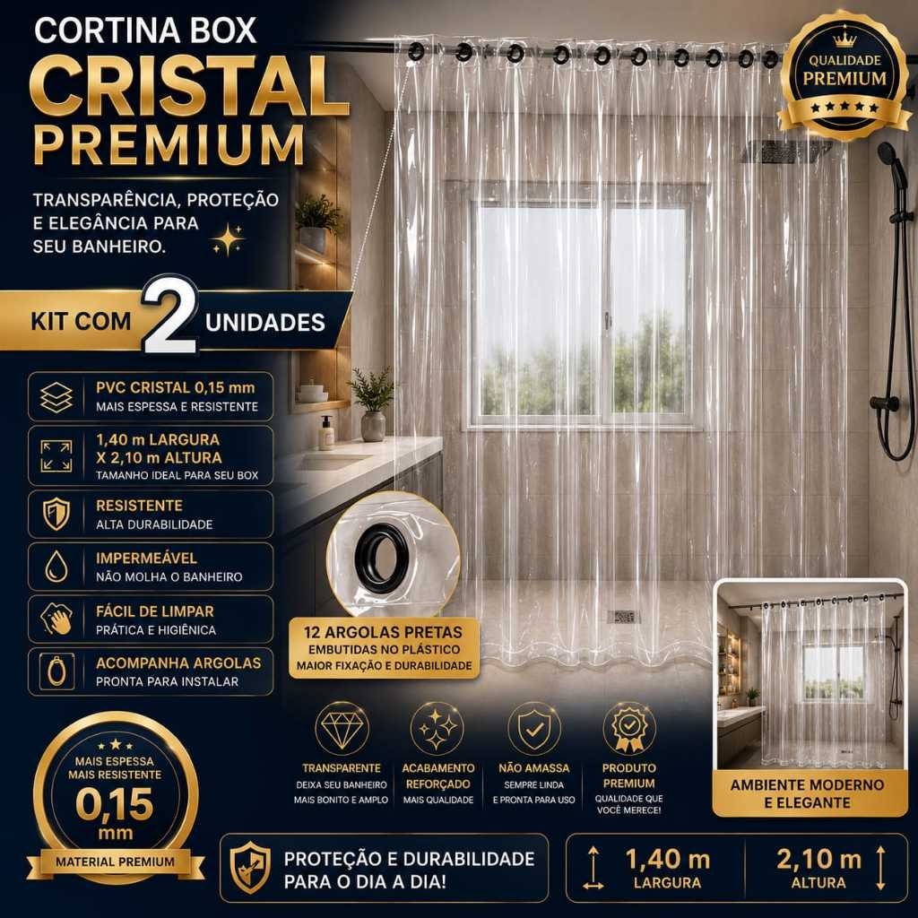 Kit 2 Cortinas Box Banheiro Cristal Transparente P.V.C 0,15mm 1,40x2,10 Reforçada Premium Alta Durabilidade